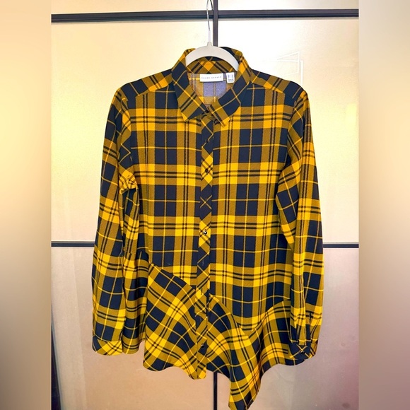 Susan Graver Asymmetrical Cut Plaid Patterned Button-Down Blouse - Picture 3 of 7